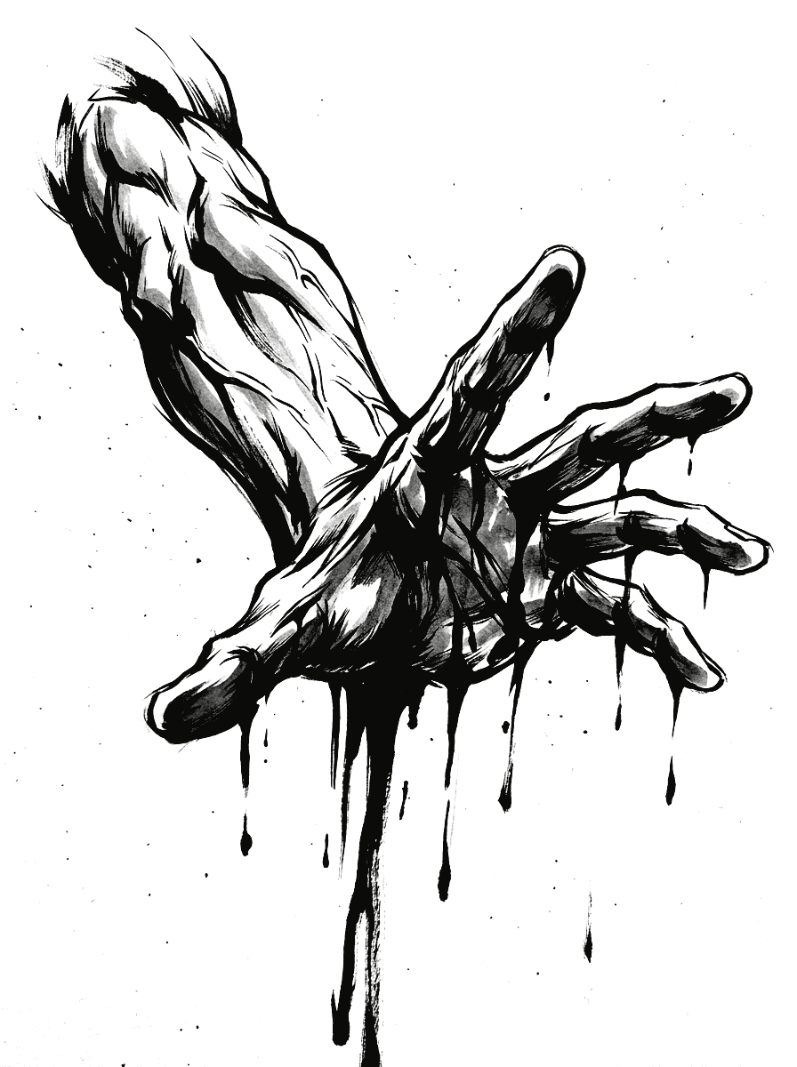 Ink drawing of a foreshortened hand reaching forward, heavy black drips running from it